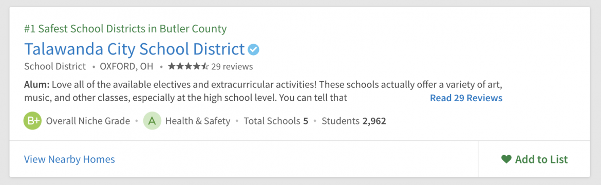 Niche Report- Safest Schools in Butler County